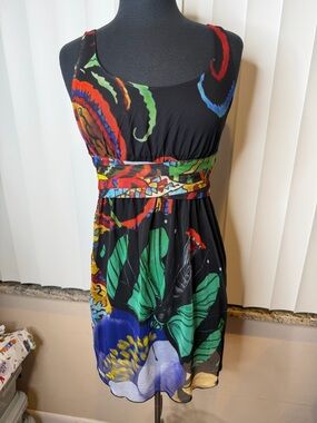 Desigual black multi-color mesh abstract butterfly print dress Size Small